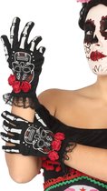 Halloween Horror skelet handshoenen met doodskop en roosjes voor dames - Day of the Dead/Halloween verkleed accessoire