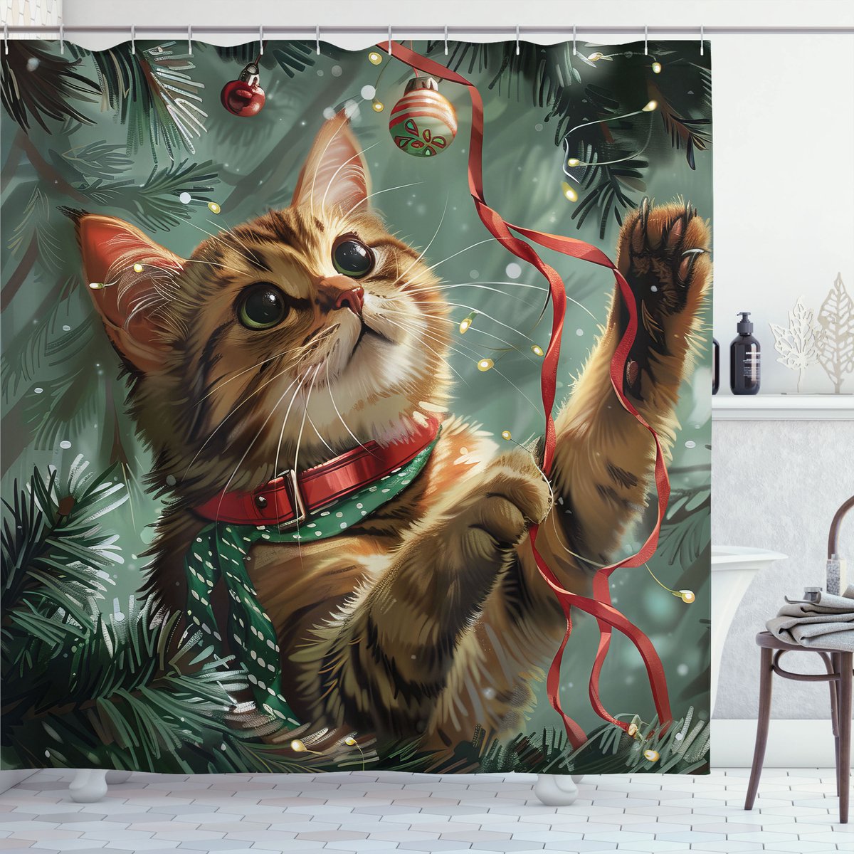 New Bed Kerstmis Kerstsfeer Kitten en Boom Douchegordijn Badkamer Decor Set met Haakjes 180 cm B 200 cm L
