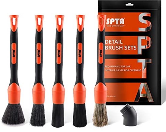 SPTA Detailing Borstel Set 5 Diverse Maten Premium Natuurlijke Haar Gemengde Vezel Plastic Handvat Auto Detailing Borstels Voor het Schoonmaken van Wielen, Motor, Interieur, Vent Slots