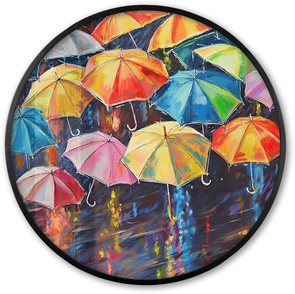 FrameYourWall Poster in lijst Rond - Fotolijst 80x80 cm - Posters - Paraplu's - Schilderij - Kunst - Regenboog - Ronde posterlijst zwart - Decoratie - Wanddecoratie woonkamer - Muurdecoratie slaapkamer Paraplu's - Verf
