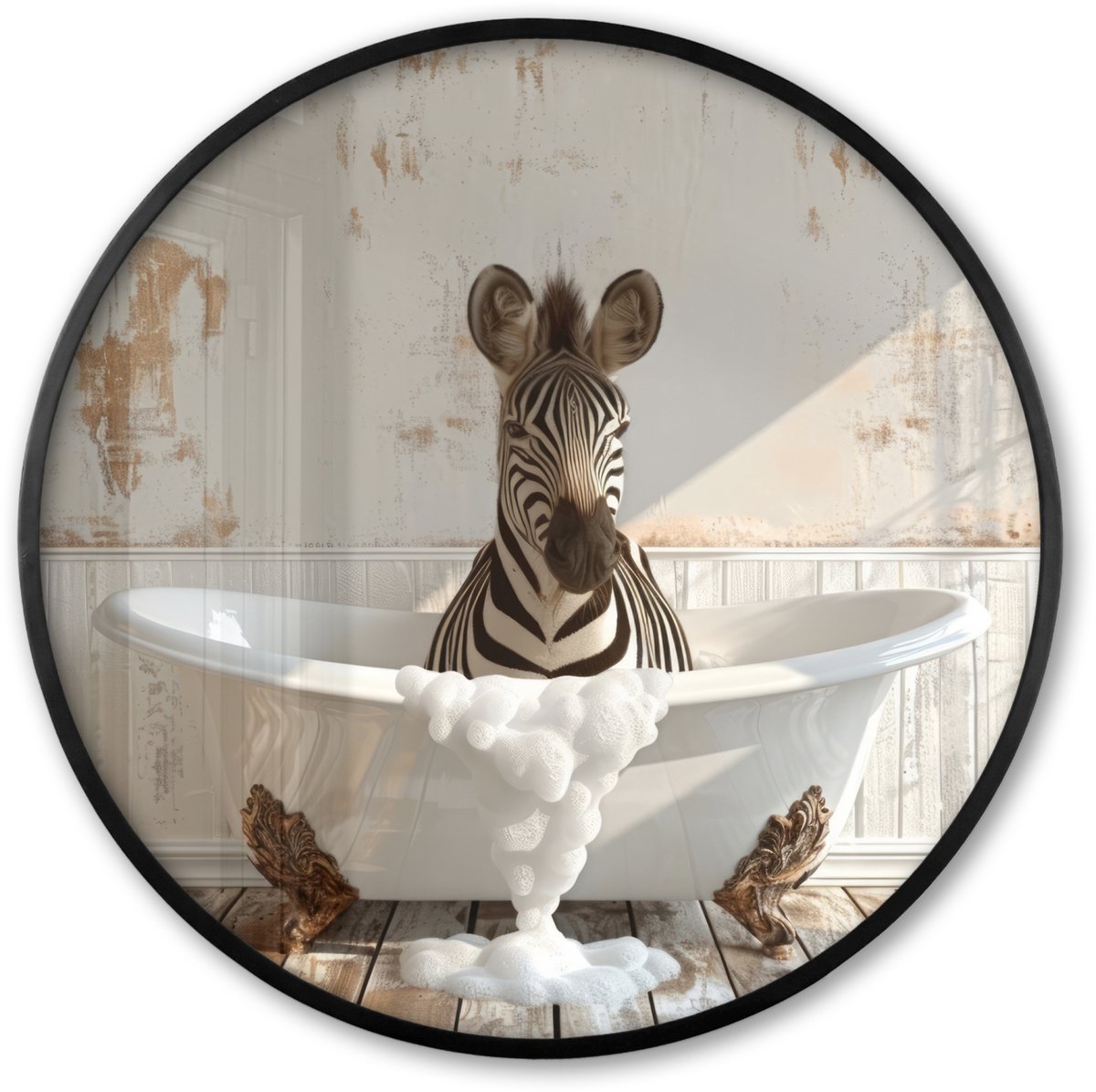 FrameYourWall Poster in lijst Rond - Fotolijst 80x80 cm - Posters - Vintage - Zebra - Wilde dieren - Badkuip - Ronde posterlijst zwart - Decoratie - Wanddecoratie woonkamer - Muurdecoratie slaapkamer Zebra - Badkuip