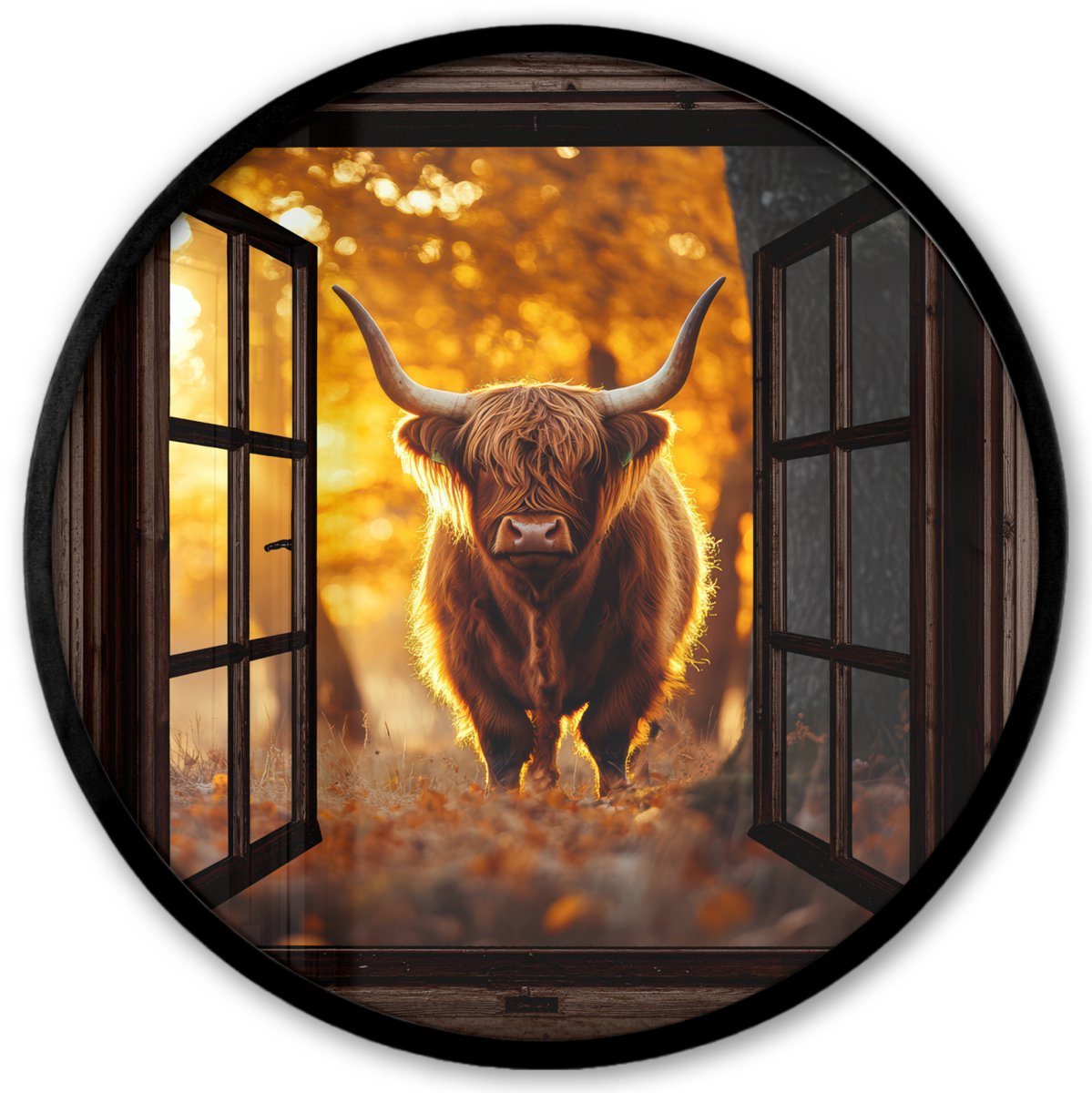 FrameYourWall Poster in lijst Rond - Fotolijst 40x40 cm - Posters - Schotse hooglander - Bos - Herfst - Dieren - Natuur - Bladeren - Doorkijk - Ronde posterlijst zwart - Decoratie - Wanddecoratie woonkamer - Muurdecoratie slaapkamer Bruin