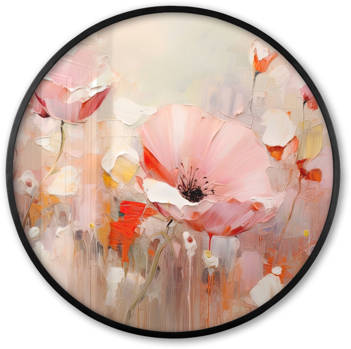 FrameYourWall Poster in lijst Rond - Fotolijst 60x60 cm - Posters - Bloemen - Watercolor - Roze - Abstract - Kunst - Ronde posterlijst zwart - Decoratie - Wanddecoratie woonkamer - Muurdecoratie slaapkamer Bloemen - Pastel