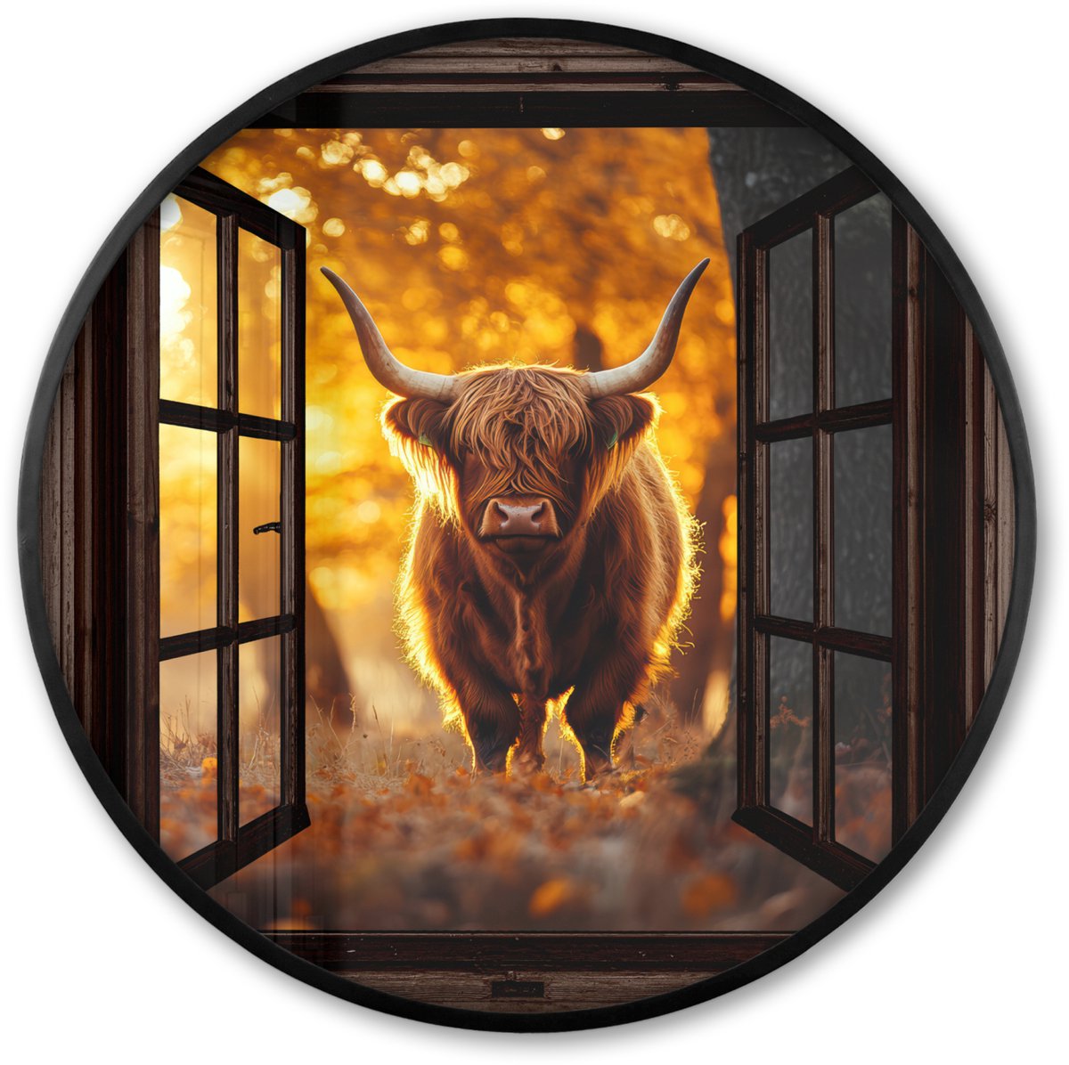 FrameYourWall Poster in lijst Rond - Fotolijst 80x80 cm - Posters - Schotse hooglander - Bos - Herfst - Dieren - Natuur - Bladeren - Doorkijk - Ronde posterlijst zwart - Decoratie - Wanddecoratie woonkamer - Muurdecoratie slaapkamer Bruin