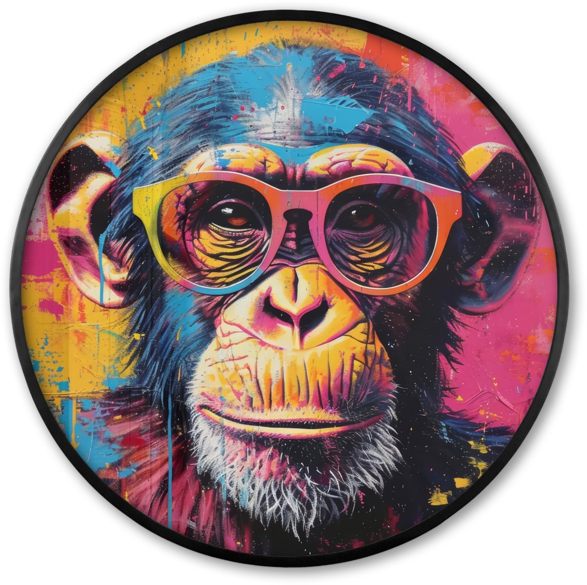 FrameYourWall Poster in lijst Rond - Fotolijst 80x80 cm - Posters - Graffiti - Chimpansee - Aap - Bril - Kleurrijk - Ronde posterlijst zwart - Decoratie - Wanddecoratie woonkamer - Muurdecoratie slaapkamer