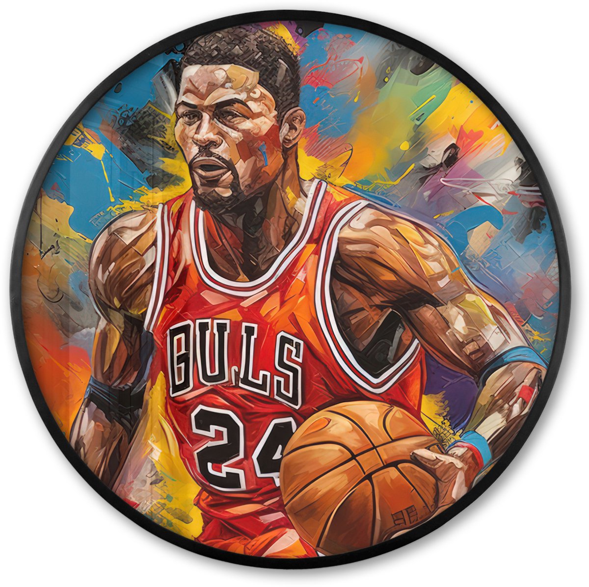 FrameYourWall Poster in lijst Rond - Fotolijst 60x60 cm - Posters - Basketbal - Verf - Kleuren - Rood - Ronde posterlijst zwart - Decoratie - Wanddecoratie woonkamer - Muurdecoratie slaapkamer Basketballer - Kleurrijk