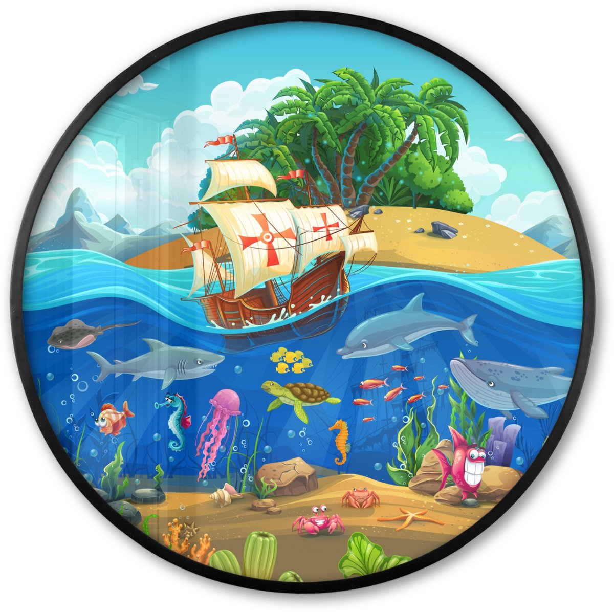 FrameYourWall Poster in lijst Rond - Fotolijst 60x60 cm - Posters - Piratenschip - Onderwater - Zeedieren - Onderwaterwereld - Ronde posterlijst zwart - Decoratie - Wanddecoratie woonkamer - Muurdecoratie slaapkamer