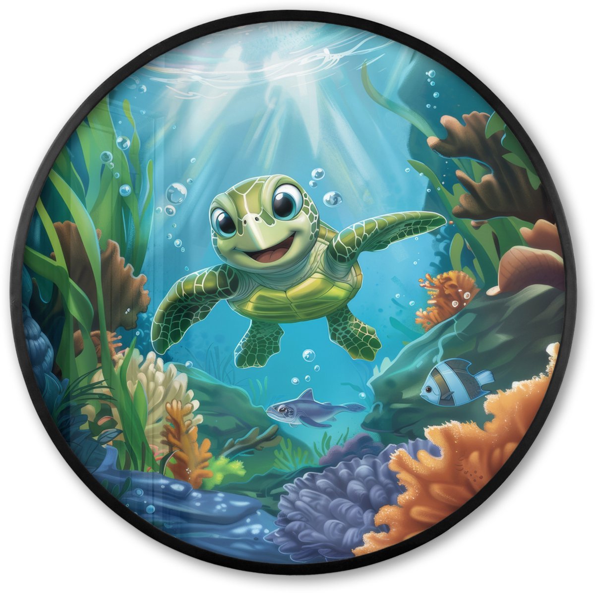 FrameYourWall Poster in lijst Rond - Fotolijst 80x80 cm - Posters - Schildpad - Zeedieren - Onderwater - Zeewier - Ronde posterlijst zwart - Decoratie - Wanddecoratie woonkamer - Muurdecoratie slaapkamer