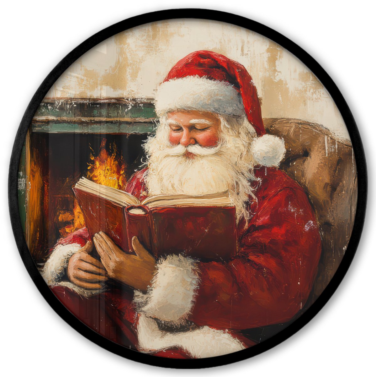 FrameYourWall Poster in lijst Rond - Fotolijst 40x40 cm - Posters - Kerst - Kerstman - Winter - Open Haard - Ronde posterlijst zwart - Decoratie - Wanddecoratie woonkamer - Muurdecoratie slaapkamer - Kerstversiering - Kerstdecoratie voor binnen - Kerstmis Kerstman - Openhaard