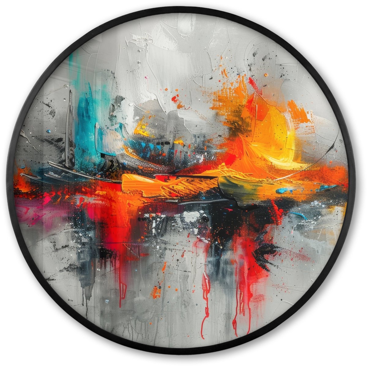 FrameYourWall Poster in lijst Rond - Fotolijst 60x60 cm - Posters - Modern - Oranje - Grijs - Kunst - Ronde posterlijst zwart - Decoratie - Wanddecoratie woonkamer - Muurdecoratie slaapkamer