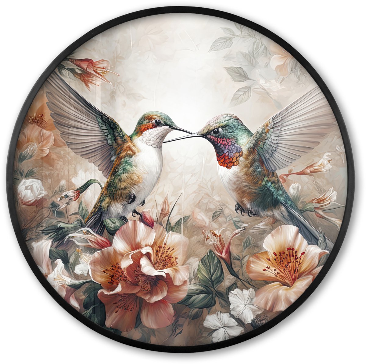 FrameYourWall Poster in lijst Rond - Fotolijst 80x80 cm - Posters - Kolibrie - Vogels - Bloemen - Natuur - Ronde posterlijst zwart - Decoratie - Wanddecoratie woonkamer - Muurdecoratie slaapkamer