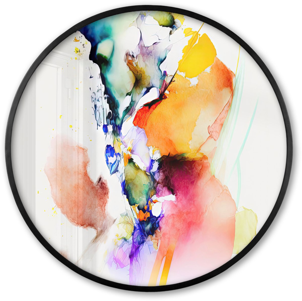 FrameYourWall Poster in lijst Rond - Fotolijst 60x60 cm - Posters - Waterverf - Regenboog - Abstract - Kunst - Ronde posterlijst zwart - Decoratie - Wanddecoratie woonkamer - Muurdecoratie slaapkamer Waterverf - Kleuren