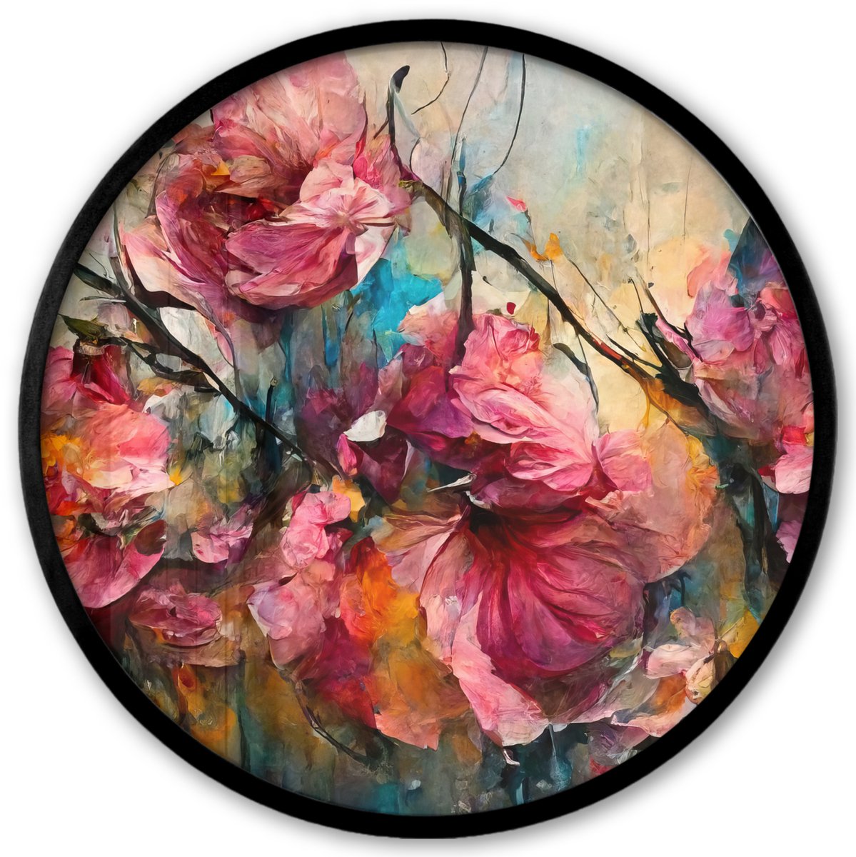 FrameYourWall Poster in lijst Rond - Fotolijst 40x40 cm - Posters - Kunst - Bloemen - Roze - Rozen - Natuur - Ronde posterlijst zwart - Decoratie - Wanddecoratie woonkamer - Muurdecoratie slaapkamer Roze bloemen - Kunst