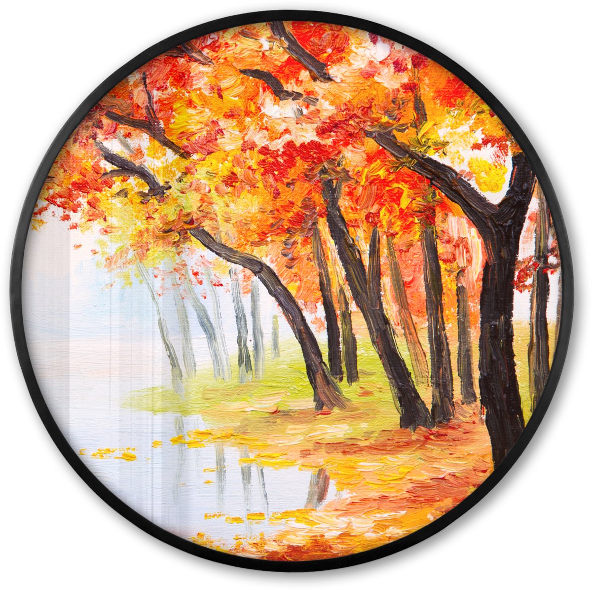 FrameYourWall Poster in lijst Rond - Fotolijst 60x60 cm - Posters - Schilderij - Herfst - Bomen - Water - Olieverf - Ronde posterlijst zwart - Decoratie - Wanddecoratie woonkamer - Muurdecoratie slaapkamer Bomen Herfst