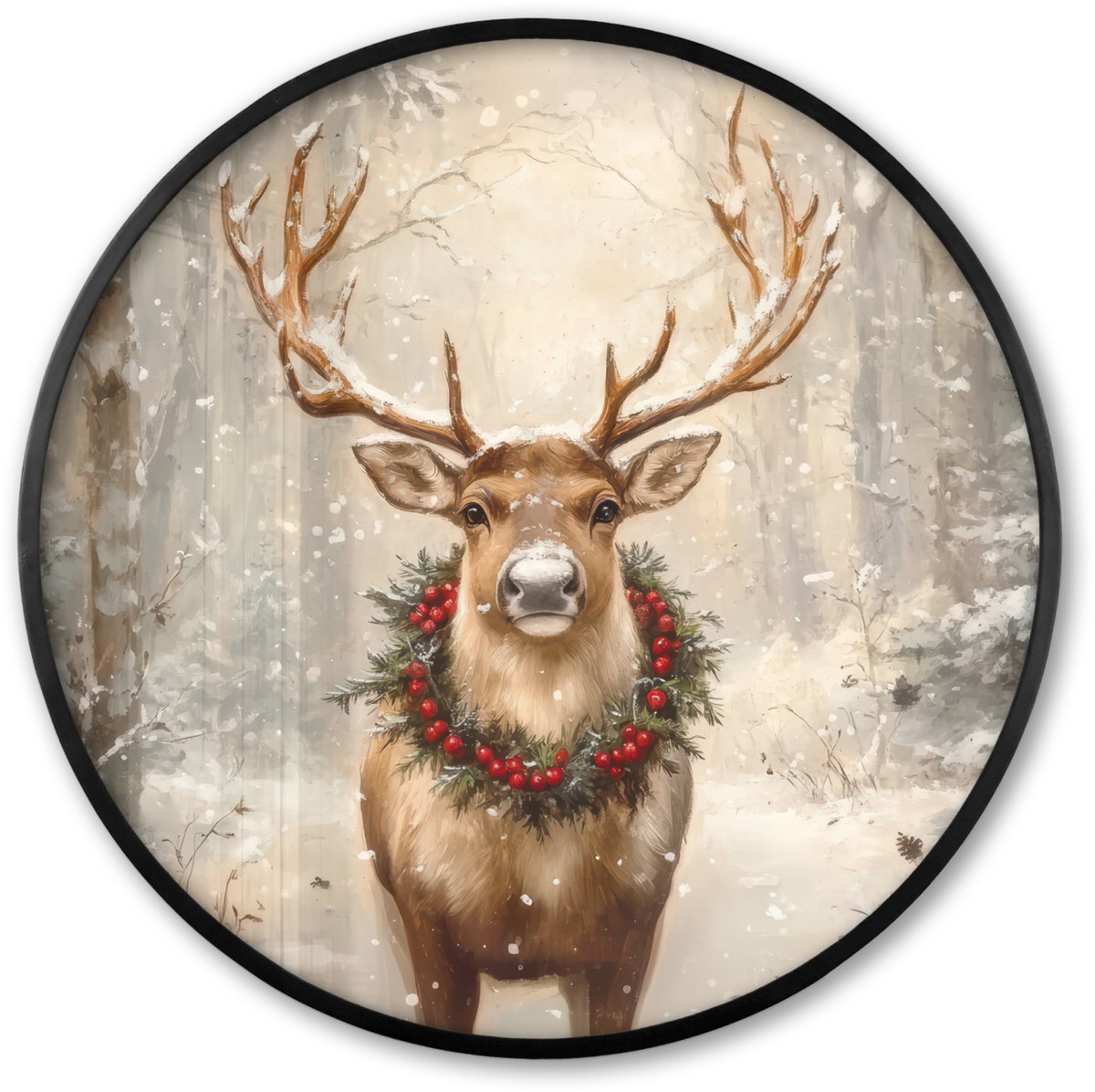 FrameYourWall Poster in lijst Rond - Fotolijst 80x80 cm - Posters - Kerst - Rendier - Winter - Krans - Ronde posterlijst zwart - Decoratie - Wanddecoratie woonkamer - Muurdecoratie slaapkamer - Kerstversiering - Kerstdecoratie voor binnen - Kerstmis Hert - Sneeuw