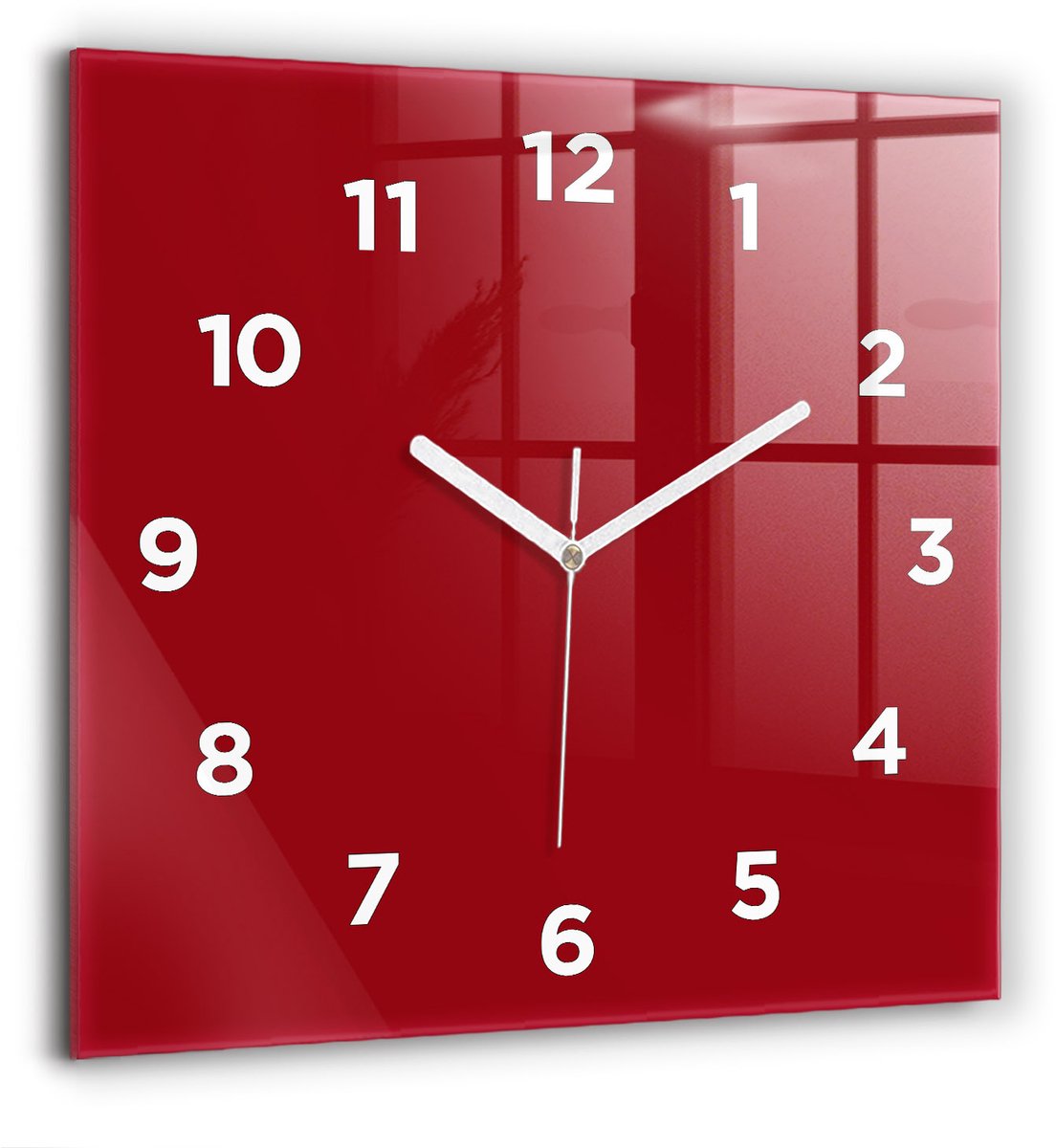 Wallfluent Wandklok - Rood Vierkante Glazen Klok - 60 cm x 60 cm - Rood Wandklok - Witte Handen - Wandklok Met Cijfers - Wandklok Glas Woonkamer - Vierkante Glazen Wandklok - Industrieel Wandklok - Vierkante Glas Klok