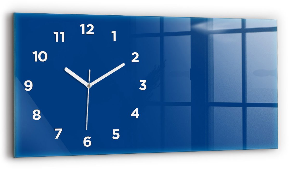 Wallfluent Wandklok - Blauw Rechthoekige Glazen Wandklok - 60 cm x 30 cm - Blauw Wandklok - Witte Handen - Wandklok Met Cijfers - Wandklok Glas Woonkamer - Glazen Klok Rechthoekige - Minimalistisch Wandklok - Rechthoekige Glas Klok