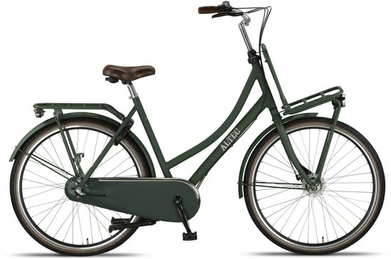Donkergroene transportfiets voor dames, 28 inch, met bruine zadel en handvatten, Altec logo op frame.