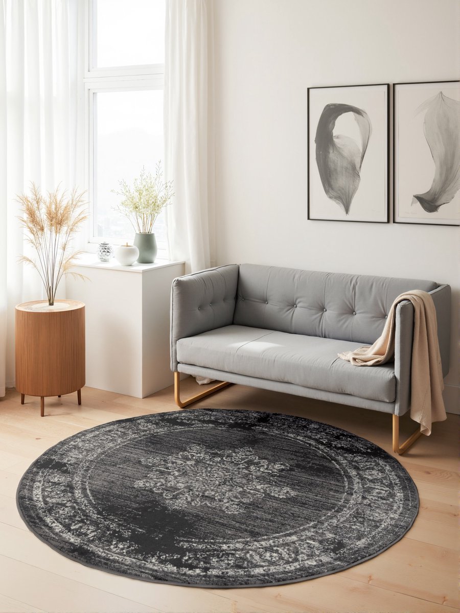 flycarpets Rond Laagpolig Vloerkleed - Gloria - Lydia - Grijs 160cm rond Ø