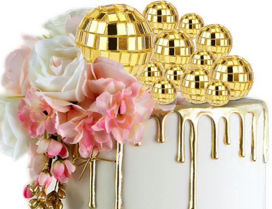 12-delige set gouden disco bal taart toppers in 4 verschillende formaten, perfect voor 70's thema feesten en feestelijke decoraties