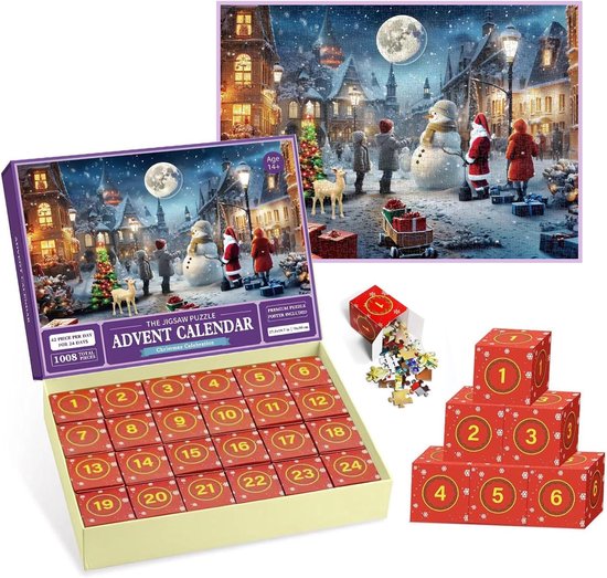 Calendrier de l'Avent 2024 - Puzzle de Noël - Prépare des cadeaux - 24 boîtes de 1008 pièces - Compte à rebours pour Noël, adultes et enfants - Décoration d'intérieur (bleu