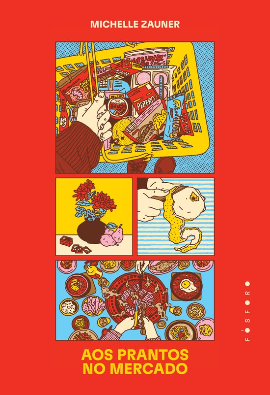 Couverture du livre 'Aos Prantos no Mercado' par Michelle Zauner, avec des illustrations de style bande dessinée de courses et de nourriture.