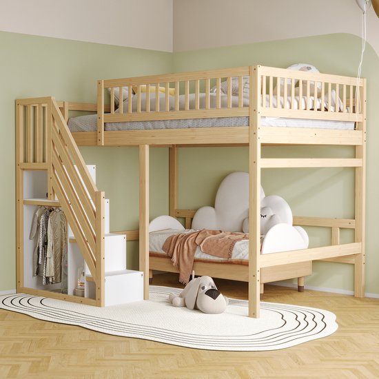 Lit en bois Massief 140x200, escalier avec placard de rangement, garde-corps haut, lit enfant, lit adolescent, cadre de lit en bois massif, couleur bois