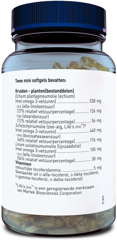 Fles met ingrediëntenlijst voor Orthica Omega 3 Vegan, 60 mini softgels.