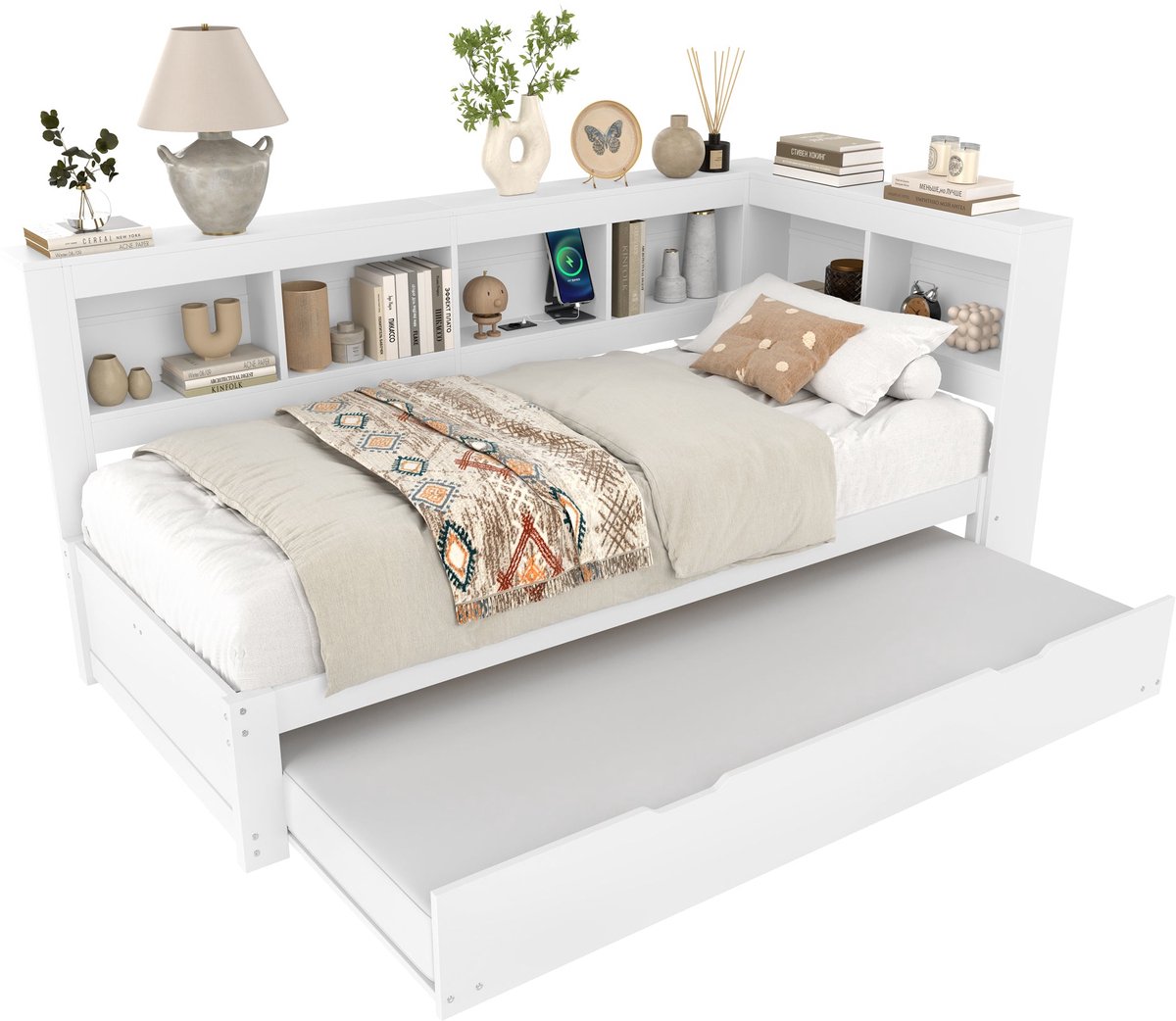Merax Daybed 90x200 cm – Slaapbank en Uitklapbaar Logeerbed - Met Stopcontact en 2 USB-poorten - Houten Bedframe met 2 Lades en Opbergvakken - Wit - Zonder Matras