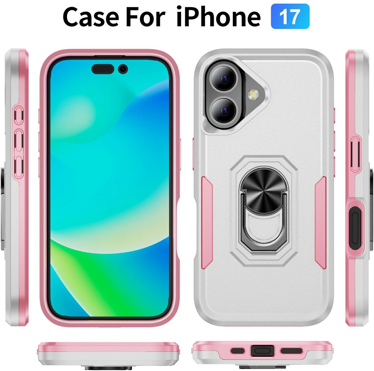 Zenzotek voor iPhone 17 - Telefoonhoesje - bescherming van militaire kwaliteit - Ring-standaard - Wit+Roze