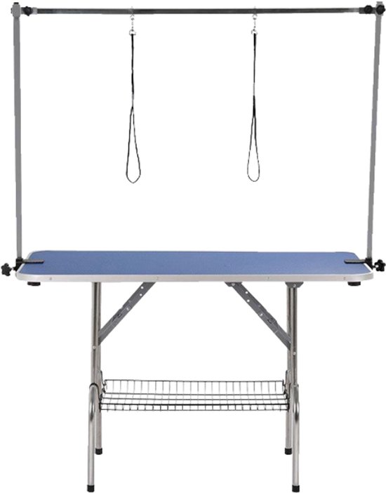 Blauwe, stevige trimtafel met metalen frame, verstelbare staanders, dubbele lussen en opbergschap.