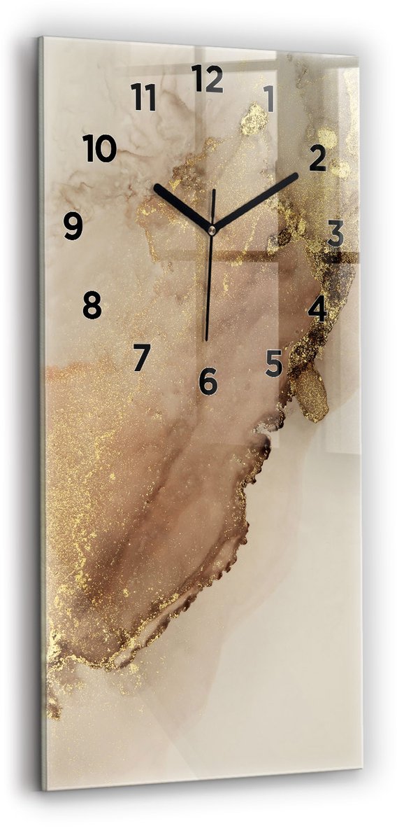 Wallfluent Wandklok - Beige moderne kunst Stijlvolle Klok - 30 cm x 60 cm - Bruin Wandklok - Zwarte Handen - Wandklok Met Cijfers - Wandklok Glas Woonkamer - Rechthoekige Glas Klok - Industrieel Wandklok - Stijlvolle Klok