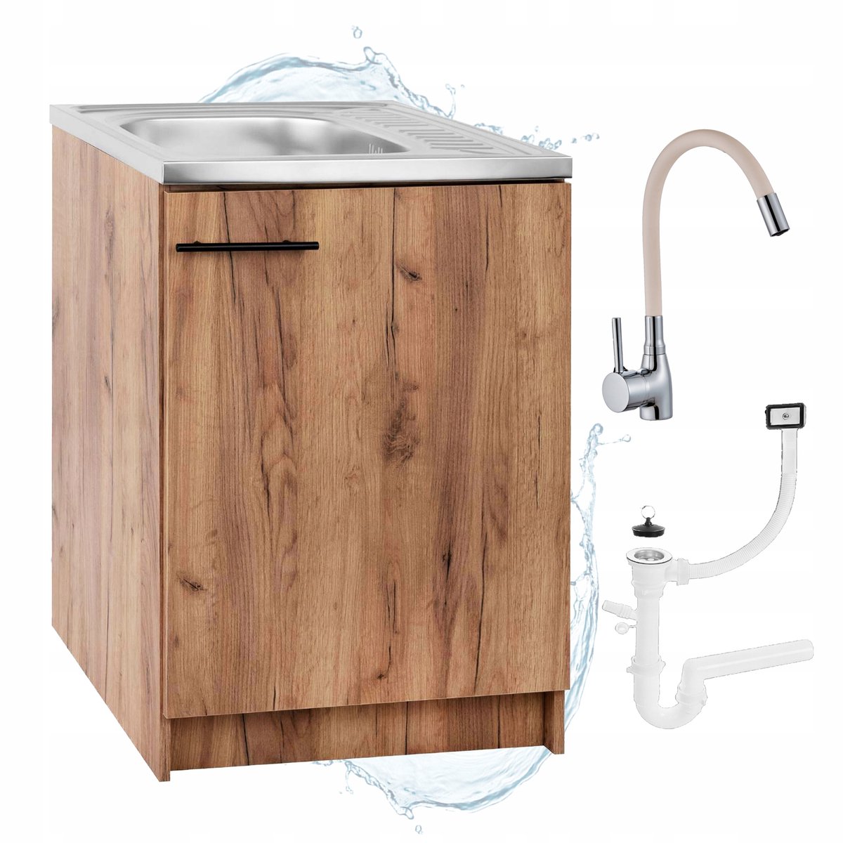 STAMAR - Keukenkast 60x50 cm Afvoer Deante Syfon Flexibele Kraan Beige - Eik Gouden
