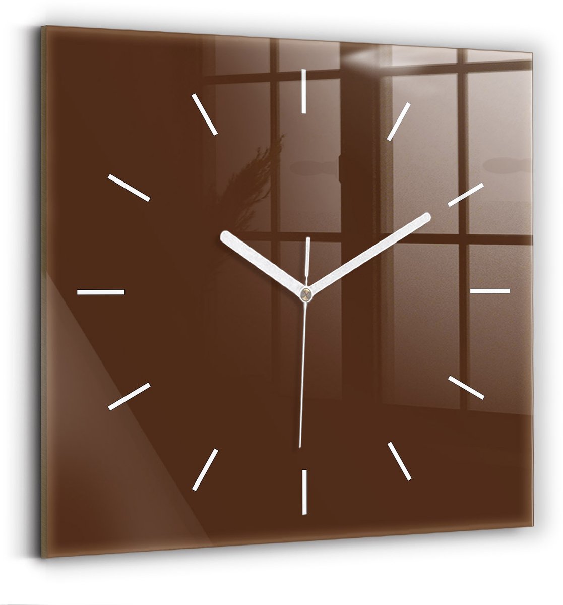 Wallfluent Wandklok - Bruin Vierkante Glazen Klok - 30 cm x 30 cm - Bruin Wandklok - Witte Handen - Wandklok Zonder Cijfers - Wandklok voor in de Keuken - Vierkante Glazen Wandklok - Industrieel Wandklok - Vierkante Glas Klok