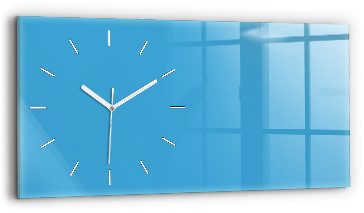 Wallfluent Wandklok - Blauw Rechthoekige Glazen Wandklok - 60 cm x 30 cm - Blauw Wandklok - Witte Handen - Wandklok Zonder Cijfers - Wandklok voor in de Keuken - Glazen Klok Rechthoekige - Minimalistisch Wandklok - Rechthoekige Glas Klok