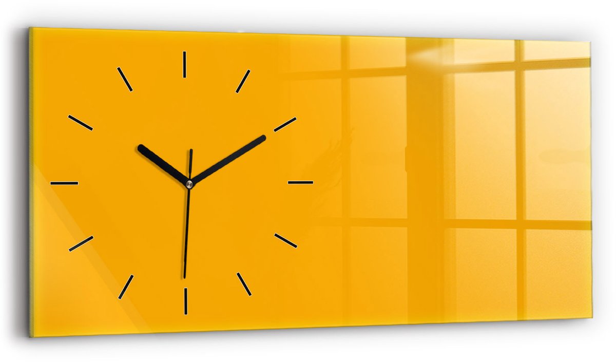 Wallfluent Wandklok - Donkergeel Rechthoekige Glazen Wandklok - 60 cm x 30 cm - Donkergeel Wandklok - Zwarte Handen - Wandklok Zonder Cijfers - Kinder Wandklok Glas - Glazen Klok Rechthoekige - Minimalistisch Wandklok - Rechthoekige Glas Klok