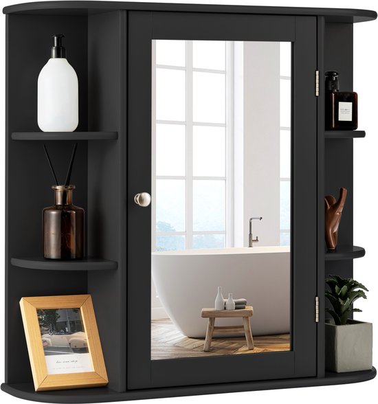 COSTWAY Spiegelkast voor badkamer, 4 vakken en 6 open planken, badkamerkast met spiegel, hangende badkamerkast, hout, 66 x 17 x 63 cm (zwart)