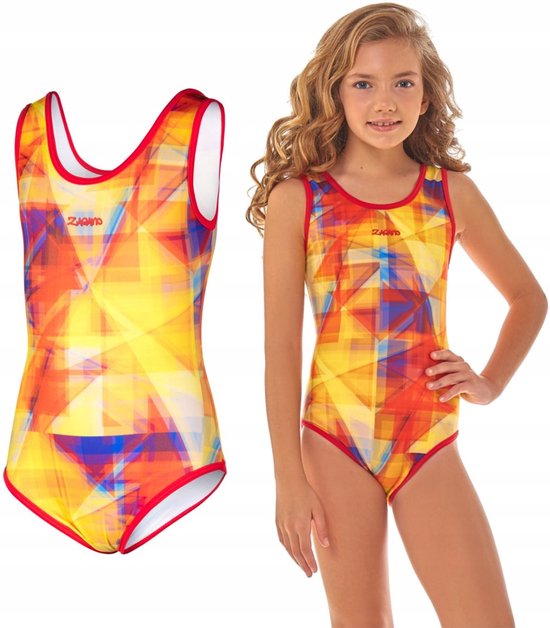 ZAGANO badpak voor meisjes met een geometrische print in geel, oranje, rood en blauw, afgezet met rode randen.