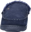 Voorkant van donkerblauwe suède pantoffel met lamsvel voering en stiksels.