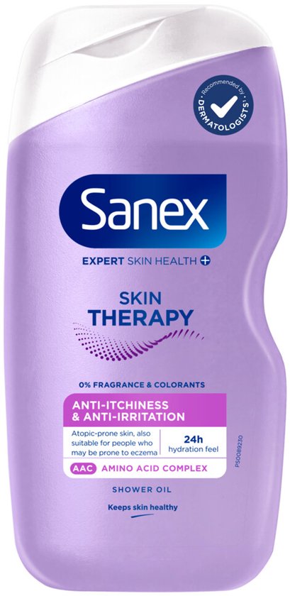 Fles Sanex Skin Therapy Shower Oil, lichtpaars, met witte dop en gele dop. Met tekst '0% Fragrance & Colorants Anti-Itchiness & Anti-Irritation'.