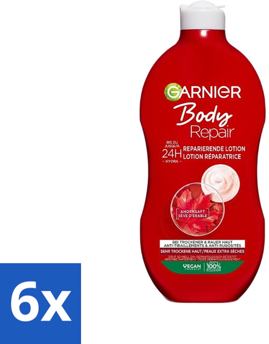6 x Garnier - Body - Bodylotion - Repair - Herstellend & Hydraterend - 400 ml - Herstellende Bodylotion - Intensieve Hydratatie - Droge Huid - 24 Uur Hydratatie - Ahuornsap