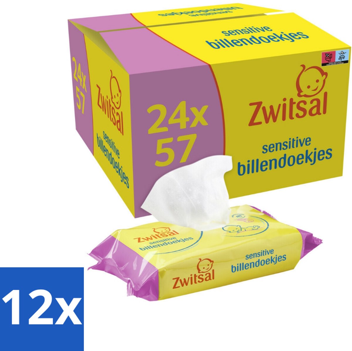 Image of 12 x Zwitsal - Billendoekjes Sensitive - 24 x 57 stuks per verpakking - Megaverpakking - Billendoekjes - Babyhuid - Luieruitslag - Zachte Billendoekjes - Gevoelige Babyhuid