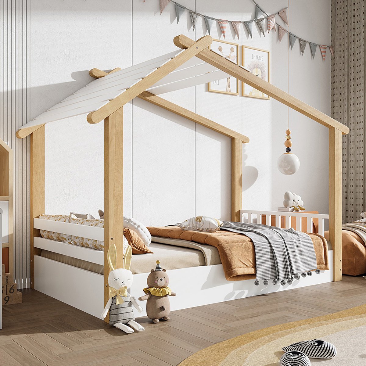 KOMHTOM BLACKCOLORS Houten bedden, babybed, eenpersoonsbed, verfijnd ontwerp in hout, stabiele lattenbodems, sober ontwerp, grenen + spaanplaat + MDF, wit + naturel, 90 x 200 cm