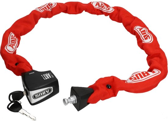 Rode ketting met witte ABUS-logo's, open met zwarte sluiting, twee sleutels.