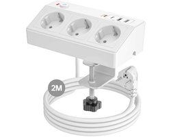 StayPowered Tafelstopcontact - Ultime Oplossing voor Uw Bureau - 7-in-1 Stekkerdoos - 2x USB-C (PD 20W) - 2x USB-A - 3x AC Stopcontacten - 180 Graden Draaibare Tafelklem - 2m Kabel - Overspanningsbeveiliging - Wit - Levering Sneller dan Aangegeven!