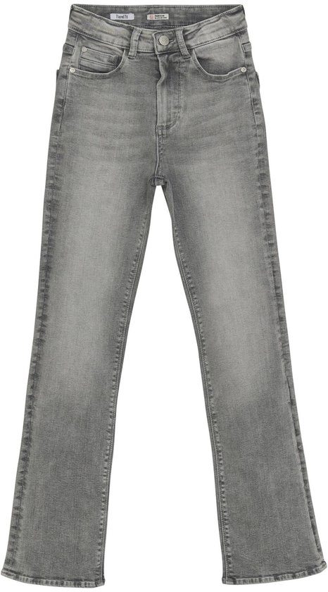 Jean gris coupe droite et large. Le jean a une fermeture boutonnée et zippée et cinq poches.