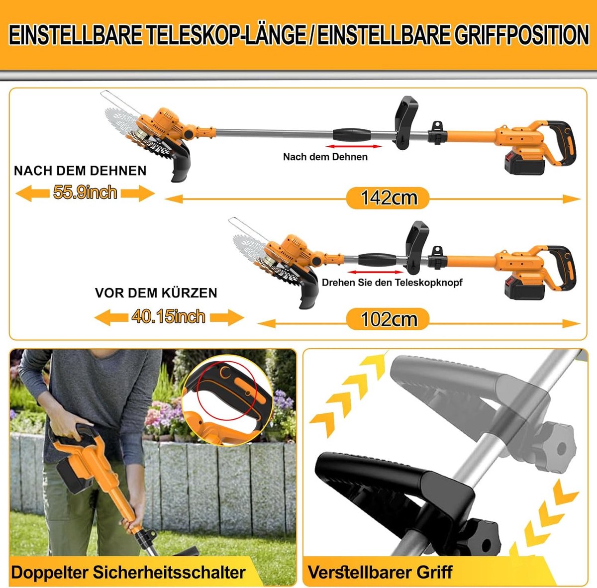 Traumheim Accu Grasmaaier - Elektrische Grastrimmer met 2x 4.0Ah Accu & Lader - Onkruidwieder voor Tuinonderhoud - Inclusief Onkruidborstel & Voegenborstel - 750W Accu Grasmaaier - Oranje – foto 5