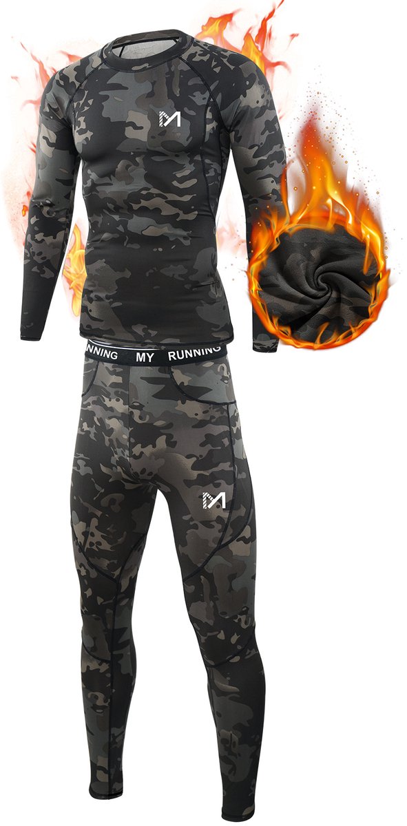 VIMOSE Mannen Thermo Ondergoed Set - Wintersport - Onderkleding - Ski, Motor, Ademend & Stretch-Zwarte camouflage-XXL