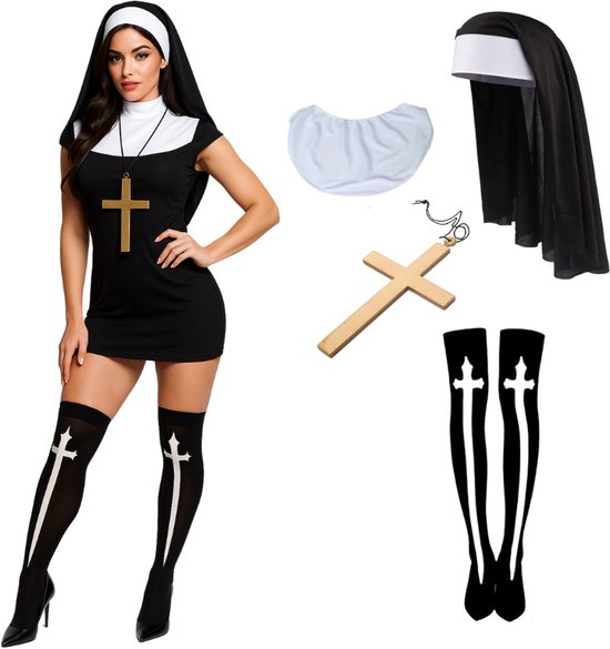 Joya Kids® | Verkleedaccessoires Non volwassenen | Sexy Nonnen verkleedset Halloween | 5-delige set met hoofddoek | kraag | kruisketting | lange sokken | Stretch | one size