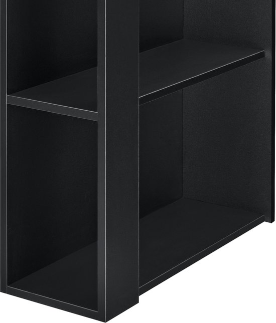 Zwarte open kast met drie planken, deel van een bartafel.